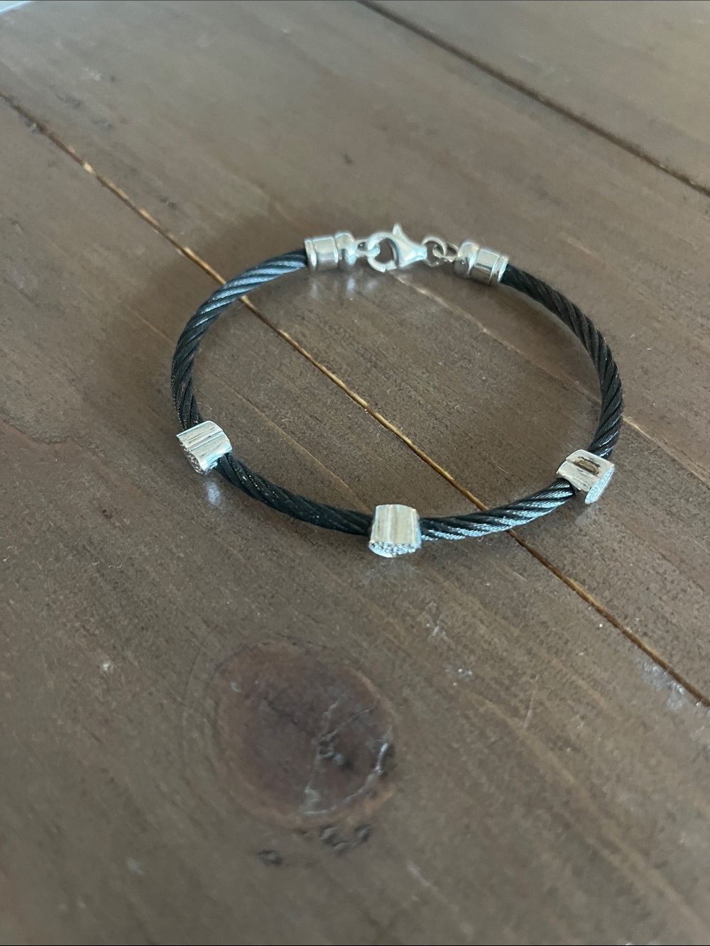 Hearts Black Cable Wire Bracelet with Silver Accents